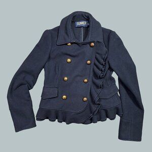 SUNNER Ruffle Trim Military Brass Button Wool Cashmere Blend Coat Navy Blue Sm